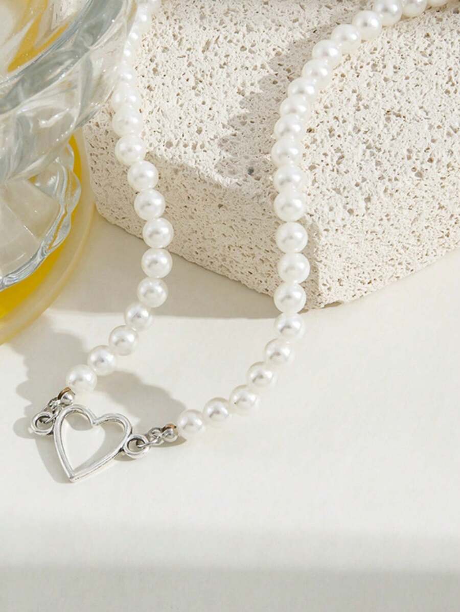 1pc Summer Indie Pearl Heart Necklace, Cute & Stylish Beaded Necklace For Girls