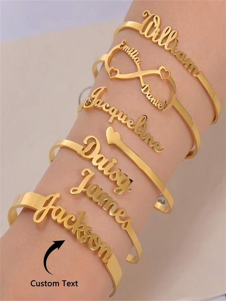 1 Piece Customized Name Heart Bracelet For Women Men, Golden Stainless Steel Open Bracelet, Stylish Personalized Customized Name Bracelet, Party Birthday Gift For Family For Friends - Silver - View 1