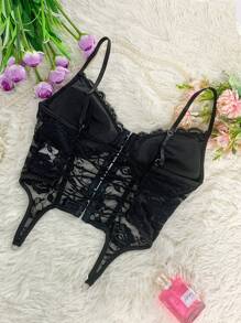 1pc Crop Top With Bust Pads And Fish Bone Cutouts, See-Through Sexy Back Design, Suitable For Layering - Black - View 11