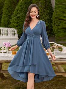 UNITHORSE UNITHORSE Fabric V-Neck Lantern Sleeve Luxury Embroidered Shoulder Design Gored Dress A-Line Midi Dress For Bridesmaids