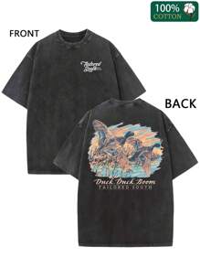 Duck Flying & "Duck, Duck, Boom"Print Men's T-Shirt | Casual Summer Cotton Short Sleeve, Comfortable & Breathable - 黑色 - 查看 1