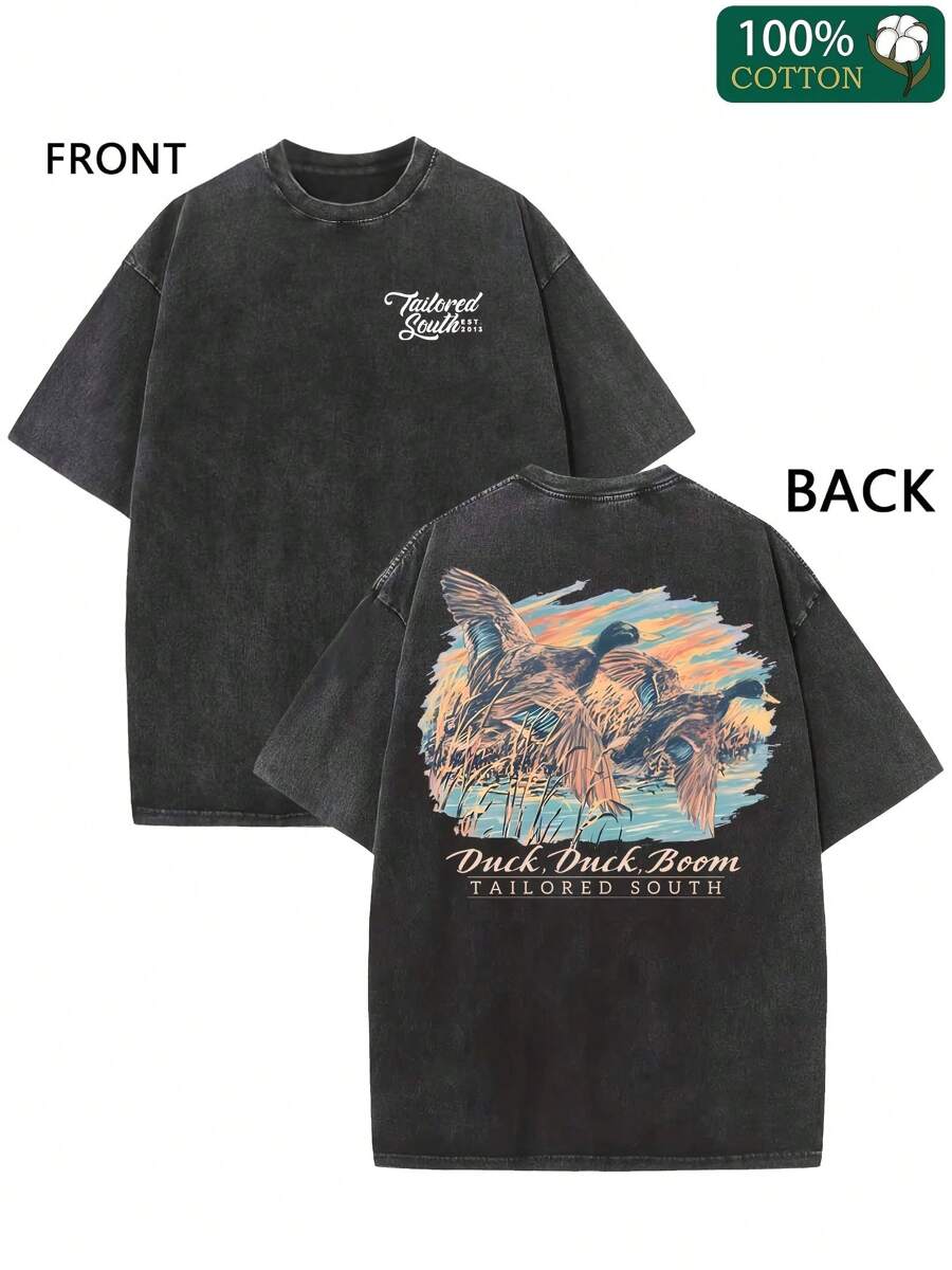 Duck Flying & "Duck, Duck, Boom"Print Men's T-Shirt | Casual Summer Cotton Short Sleeve, Comfortable & Breathable - 黑色 - 查看 1