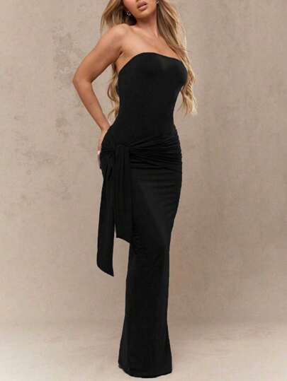 Women's Elegant Sexy Romantic Rib Knit Bandeau Waist Detail Bodycon Long Dress