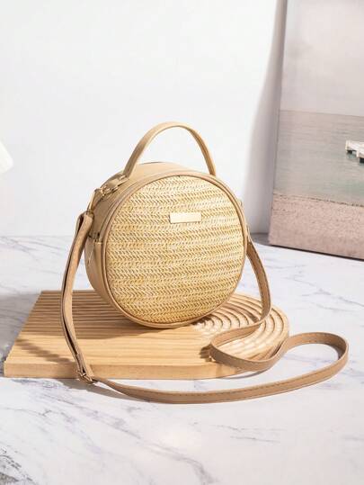 2 pezzi Borsa a spalla rotonda intrecciata in paglia per donna, borsa casual per la spiaggia d'estate, nuovo arrivo 2020