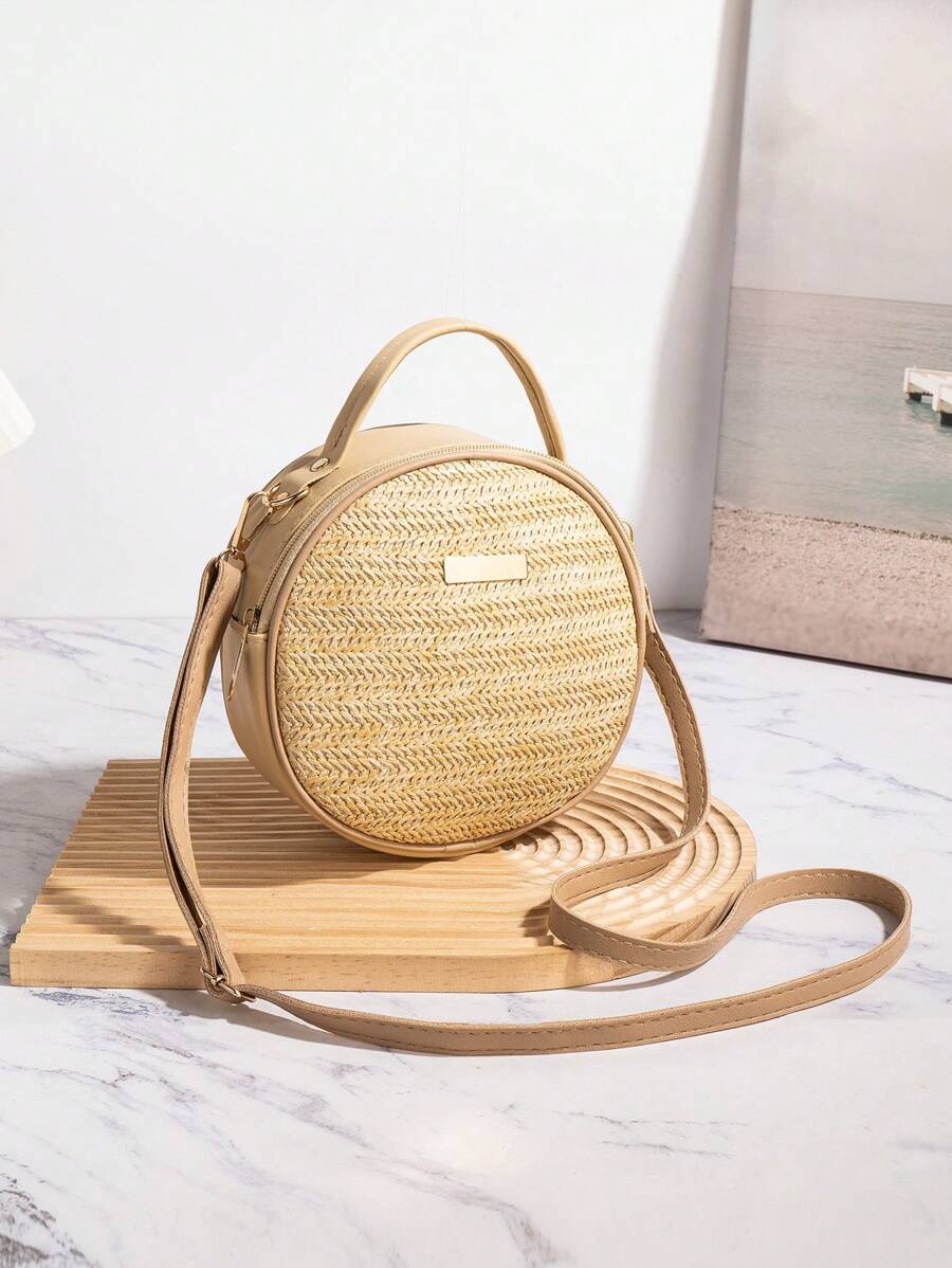 2 pezzi Borsa a spalla rotonda intrecciata in paglia per donna, borsa casual per la spiaggia d'estate, nuovo arrivo 2020