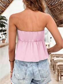 Blusa Strapless son Tirantes con Escote de Corazón y Detalle de Moño para Mujer - Rosa Pálido - Ver 3