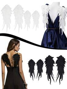 1 对翅膀刺绣领口贴花补丁，蕾丝花刺绣补丁黑白蕾丝贴花天使贴花缝制补丁用于服装缝制婚礼新娘礼服鞋装饰