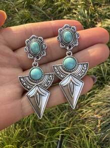 1 Pair Vintage Boho Western Style Turquoise Arrow Drop Earrings For Women - Antique Silver - View 5