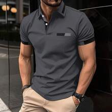 Men's Casual Business Polo Shirt Short Sleeve Top With Buttons And Contrast Collar - Xám - Xem 2