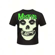 Men's Misfits Skull Graphic T-Shirt - 100% Cotton, Black Punk Design With Green Print, Casual & Comfortable Short Sleeve Tee For Summer - 黑色 - 查看 1