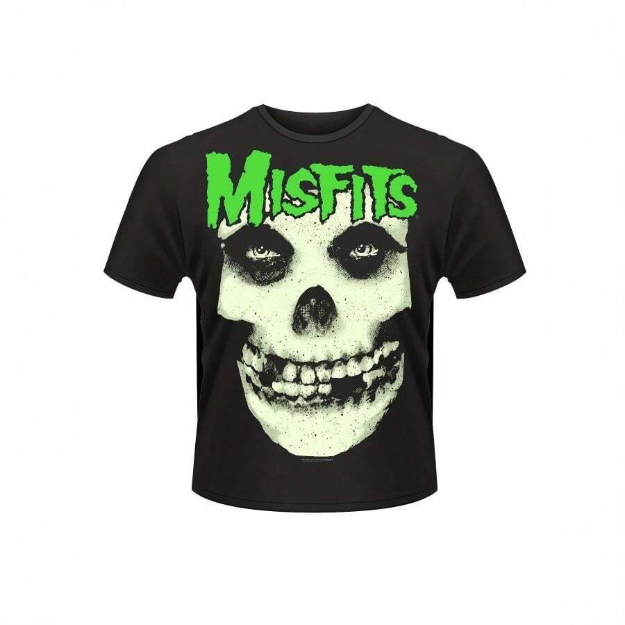 Men's Misfits Skull Graphic T-Shirt - 100% Cotton, Black Punk Design With Green Print, Casual & Comfortable Short Sleeve Tee For Summer - 黑色 - 查看 1