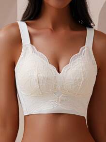 女士提拉收褶蕾丝边全罩杯文胸，薄罩杯，可调节，白色