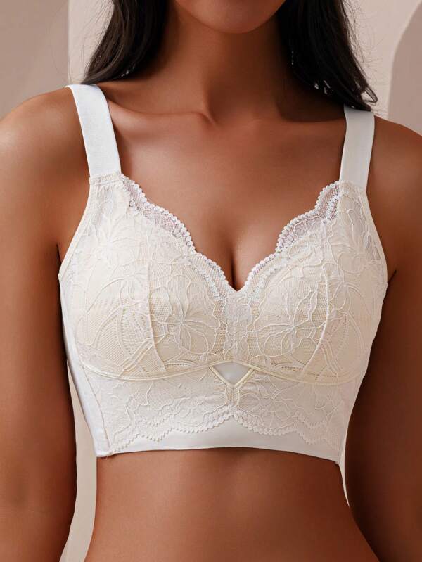 Women Lift Up Gathering Closure Lace Trim Full Cup Bra, Thin Cups, Adjustable, White