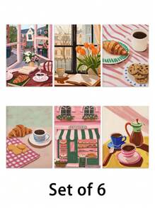 1/6 piezas Pintura en lienzo con ilustración de una cafetería de la ciudad, panadería, croissants y galletas, póster artístico para decoración del hogar y la cocina sin marco - Multicolor - Ver 31