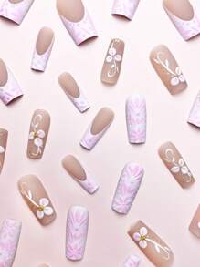 24Pcs/Set Medium Length French Manicure 3D Floral Decor Embossed Faux Nails With Pearl, Includes 1Pc Jelly Gel And 1Pc Nail File - Elegant & Chic, Perfect For Ladies/Girls Party, Date, Daily Wear Press On Nails Nail Supplies Nails - Multicolor - View 2