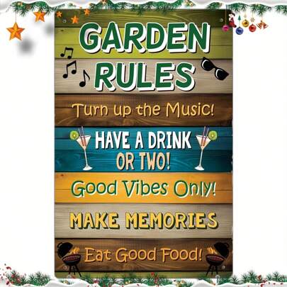 1pc Red Ocean Garden Rules Metal Wall Sign, 2D Flat Design Metal Decorative Plaque, Novelty Garden Shed Summer House Sign, Suitable For Outdoor Decor, Room Decor, Pre-Drilled Holes, Random Hole Style