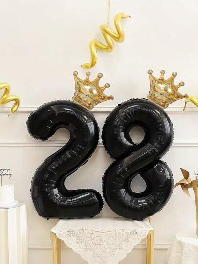 1/2 Buah Balon Angka Mahkota Ekstra Besar 40 Inci, Balon Foil Angka Hitam dengan Mahkota Emas Mini, Cocok untuk Ulang Tahun ke-1-10, 16, 18, 20, 21, 25, 30, 35, 40, 45, 50, 55, 60