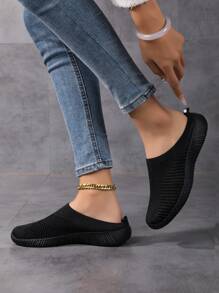 女士黑色透气针织休闲平底一脚蹬乐福鞋，轻便舒适 - 黑色 - 查看 4