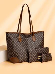 Fashion Casual Versatile Large Capacity Floral Print Middle-Aged Women's Shoulder Tote Bag, Wallet, Card Holder 3-Piece Set - Multicolor - View 10