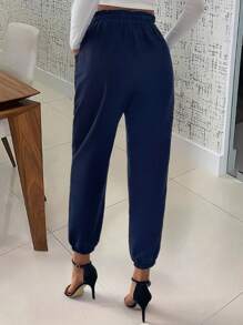 Women's Solid Color Frill Trim Waist Double Pockets Drawstring Pants - Navy Blue - View 2
