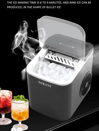 SOKANY IJsblokjesmachine, ijsblokjesmachine voor op het aanrecht, 9 ijsblokjes in 6 minuten, 12 kg in 24 uur, met ijsschep en mand, draagbare ijsblokjesmachine voor thuis/keuken/kantoor/bar