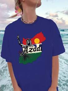 Azadi With Peace Sign And Map Pure Cotton Women's Fashion T-Shirt - Blue - View 1