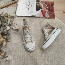 Damskie wygodne trampki casualowe, płaskie, uniwersalne, wytrzymałe, modne buty z płótna ze wzorem w kształcie serca, wysokie, wygodne, codzienne dojazdy do pracy - Złoto - Zobacz 5