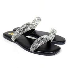 Giày sandal đế bệt mũi tròn đính đá PU màu đen hai dây thời trang dành cho nữ, quai đôi, đi nghỉ mát - màu đen - Xem 3