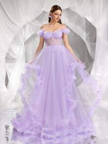 Sheer Princess Bardot Ruffle Formal Dress, Suitable For Ball, Party, Prom Dress - Mauve Purple - View 1