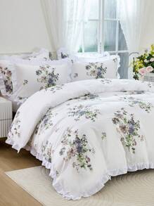 2/3 Pcs Ruffled Floral Printed Bedding Set (1 Duvet Cover + 1/2 Pillowcase), Soft & Breathable, Suitable For Hotel, Bedroom, Dormitory, All Seasons, Without Comforter And Pillow