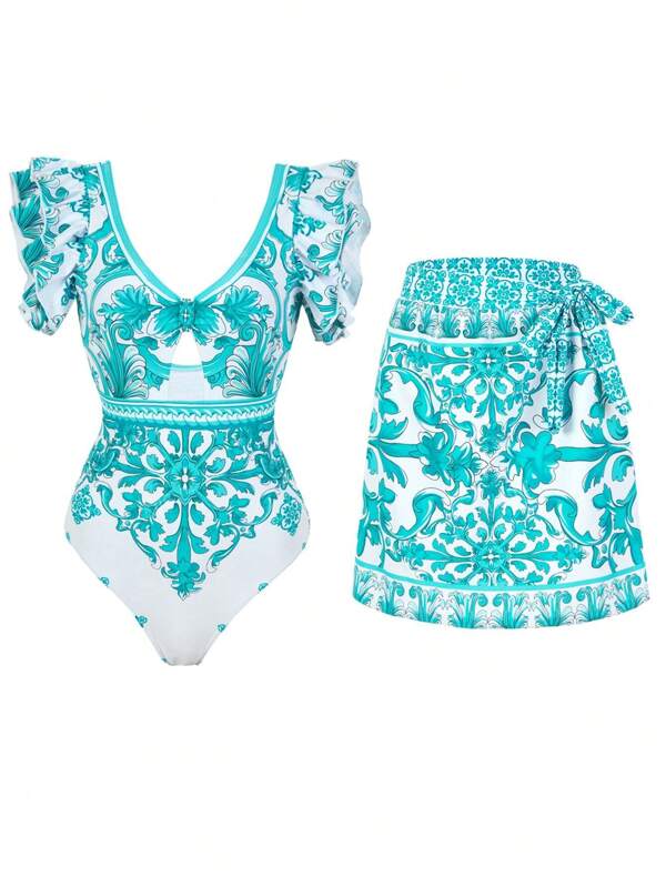 Sexy One-Piece Swimsuit With Skirt Beach Vacation Outfit, Fashion Ruched Tummy Control Bathing Suit