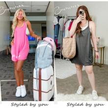 Tanming Women's Womens Athletic Sleeveless Mini Dress With Built-In Shorts V Neck Spaghetti Strap Short Tennis Dress With Pockets - 橘色 - 查看 3