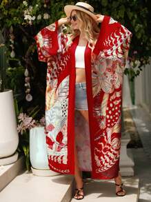 Retro Elegant Mid-Length Loose Printed Robe Kimono Cover Up, Beach Cover Up, Summer Vacation Swimsuit Cover-Up, Sun Protection - Red - View 4