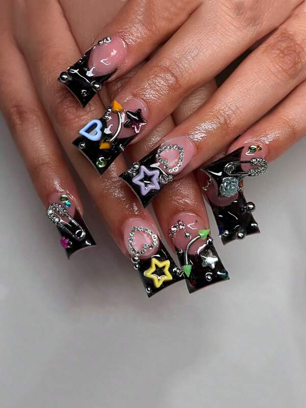 Instantly Upgrade Your Look With 24 Pcs Of Duck Bill Press On Nails Gift Box Music Festival Cute Dopamine-Glows Hollow Seven-Color Five-Pointed Star Dry Rose Translucent Starfish Burst Flash Heart Rhinestone Stereo Heart Sweet Cool Personalized Pin Sexy Pointy Cone Stud Y2K Punk Classic Black French Edge Party Portable Fake Nails With Jelly Glue 1 Piece File Strip 1 Nail Supplies Nails