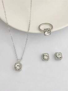 4 件/套 - 女孩优雅方晶锆石首饰套装 | 女孩奢华项链耳环戒指 | 完美的日常装扮和礼物选择！