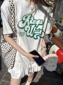 夏季女款浅灰色字母图案印花休闲短袖 T 恤 - 淺灰色 - 查看 2