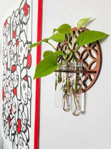 1 套壁挂式圆形木质植物繁殖站，带 3 个塑料试管花瓶、水培花盆架、客厅卧室家居装饰