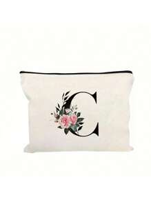 1pc Letter A-Z Flower Print Makeup Bag, Gift For Girls, Cute Retro Simple Fashion Letter Pattern Printed Bag Storage Bag,Cosmetic Pouch For Small Items Storage,Storage Bag, Makeup Storage Bag, Toiletry Bag, Clutch Bag, Lightweight Foldable Storage Bag, Simple Shopping Bag, Teacher Gift Clutch Bag,Storage For Nurses, Doctors, Teachers Bag, Suitable For Personal Travel Cosmetics Storage