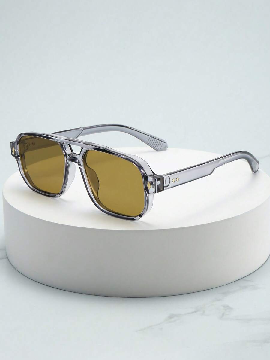 1pc Men Vintage Square Frame Stylish High-End Fashionable Fashion Glasses (Suitable For Driving, Travel, Casual, Vacation, Outdoor Sports, Daily Use) For Summer Beach Vacation,Outdoor,Travel - Gray Frame Yellow and Green Film - View 1