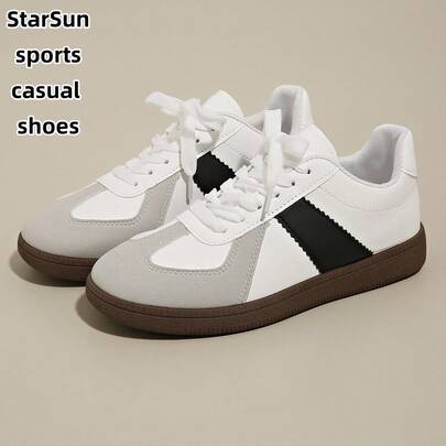 女士春秋新款休闲圆头低帮运动鞋，易于清洁，舒适平底系带百搭小白鞋，撞色运动休闲鞋，复古硫化鞋，四季皆宜