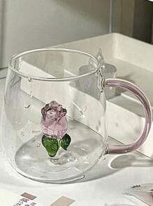 1pc 400ml 3d Rose Flower Design Single Layer Glass Cup With Clear Straight Body, For Juice, Beverage, Water, Milk Tea
