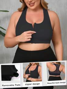 1 Stück schwarze Vorderverschluss nahtlose Cut Out Sport Lingerie BH, Breite Träger Frauen Große Größen Drahtloser Lingerie BH