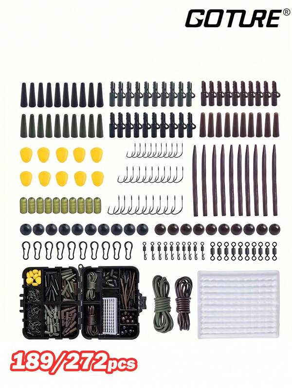 GOTURE Goture 189/272pcs Fishing Hook Kit, Carp Tackle Box, Fishing Accessories Set With Jig Hook, Fishing Swivel Snaps, Bullet Bass Throw Sinker Weights, Fishing Line Beads, Fishing Equipment Set With Approach Box