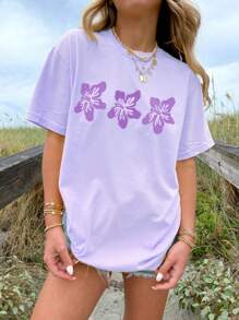Oversized Graphic T Shirt For Women Teens Girl Y2K Floral Short Sleeve Baggy Tee Shirts Loose Fit Vintage Aesthetic Coastal Tops Summer Beach Going Out Tops - 紫色 - 查看 4