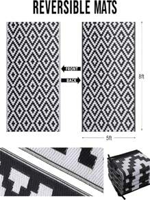 Outdoor Rug With Handle Bag + 4 Pegs - Waterproof Plastic Straw Mat Outdoor Rug, Reversible Double Sided Plastic Straw Outdoor Carpet Mat, Suitable For RV Camping Picnic Beach Patio Backyard Pool Deck Porch Farm - Black and White - View 4