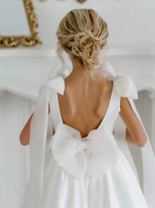 Tween Girl Bowknot Back Deep V Puff Sleeve Mesh Tulle Princess Dress, Suitable For Birthday Party, Wedding, Flower Girl, Prom, Holiday Occasions - White - View 2