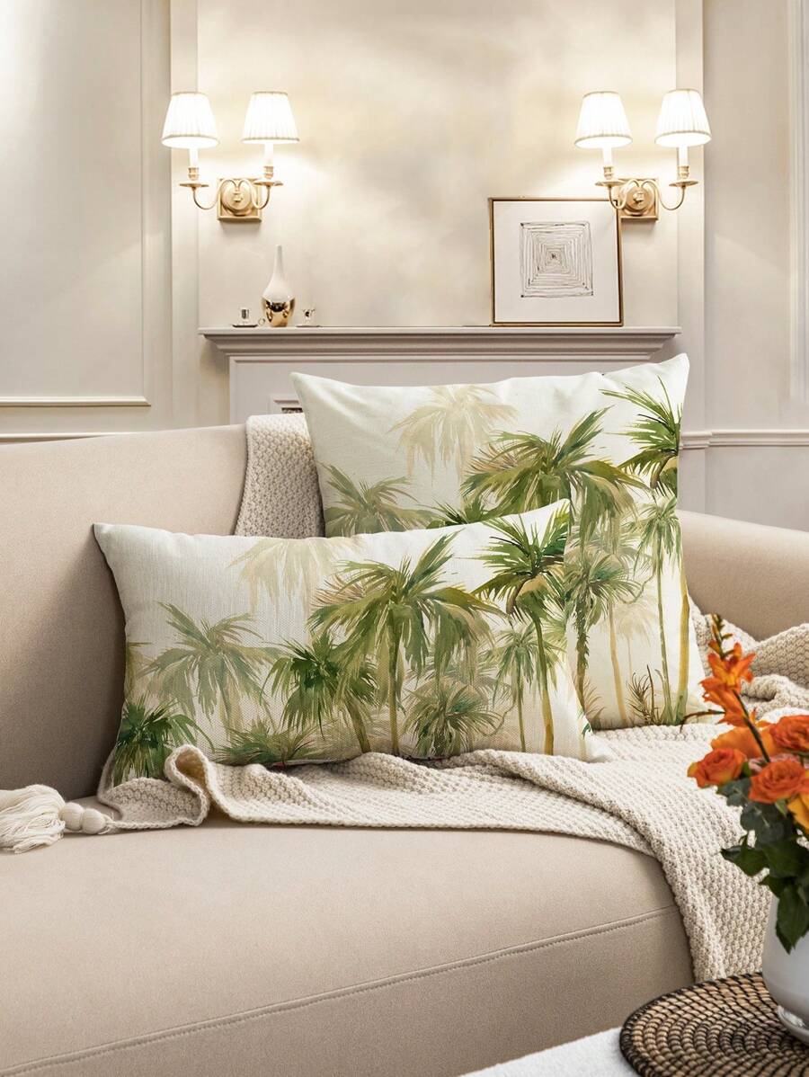 1/2pcs Tropical Rainforest Digital Printing Pillowcase, Coconut Tree Pattern Linen-Like Cushion Cover For Living Room, Bedroom, Sofa, Outdoor Garden Decoration, All Season Pillow Sham, Without Core, 30*50cm, 45*45cm, 50*50cm, 60*60cm