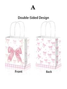 5/10pcs Pink Bow Gift Bags, Paper Bags With Handles For Women, Party, Candy, Birthday, Christmas, Wedding, Engagement,Birthday,Bride,Wedding