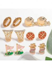 Set de 12 pares de pendientes de mujer con diseño de bolas deportivas con rhinestones, que incluyen baloncesto, aro de baloncesto, fútbol, pelota de golf, adecuados para usar en eventos deportivos diarios