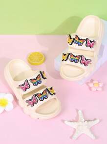 1 Paar Mädchen Sandalen, rutschfeste Schmetterlingsdekor Außen Clogs Kleinkind Strandschuhe, Sommer - Beige - Übersicht 3